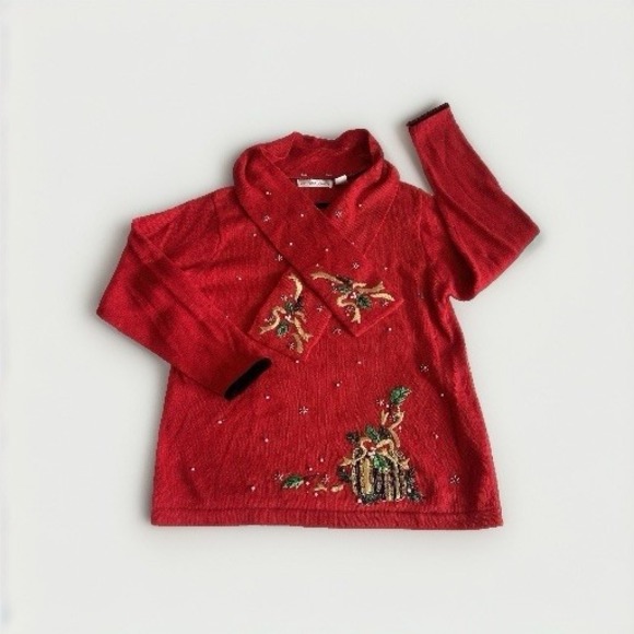 Victoria Jones Sweaters - Vtg Victoria Jones Red Christmas Sweater M Beaded Embroidered Festive Scarf